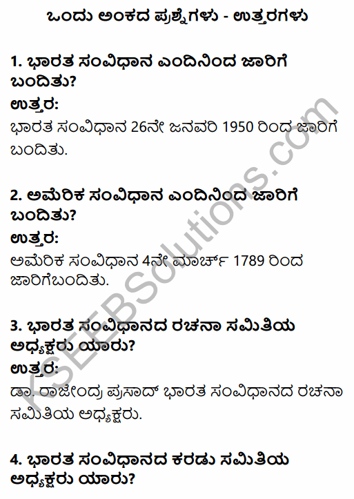 1st PUC Political Science Question Bank Chapter 5 Constitution of India in Kannada 1